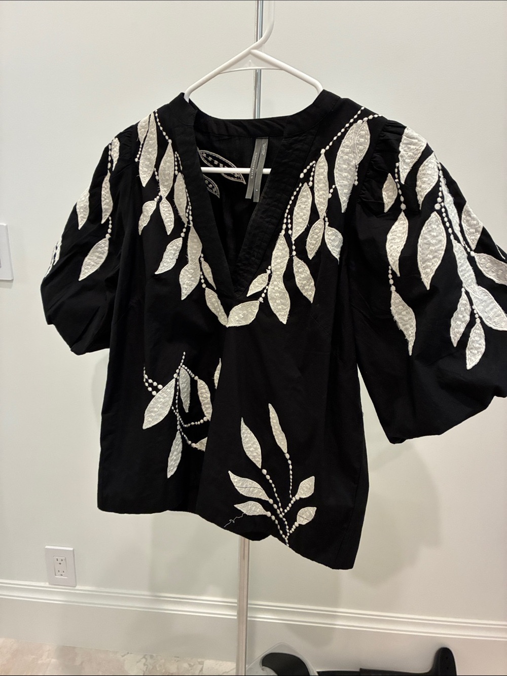 Anthropologie Black Puff-Sleeve Top with White Leaf Embroidery
